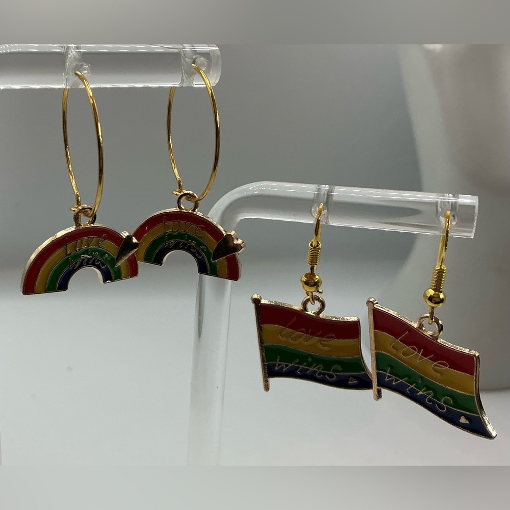2 PAIR FLAG RAINBOW GOLDTONE LGBTQ COLORFUL LOVE WINS HANDMADE EARRINGS NEW